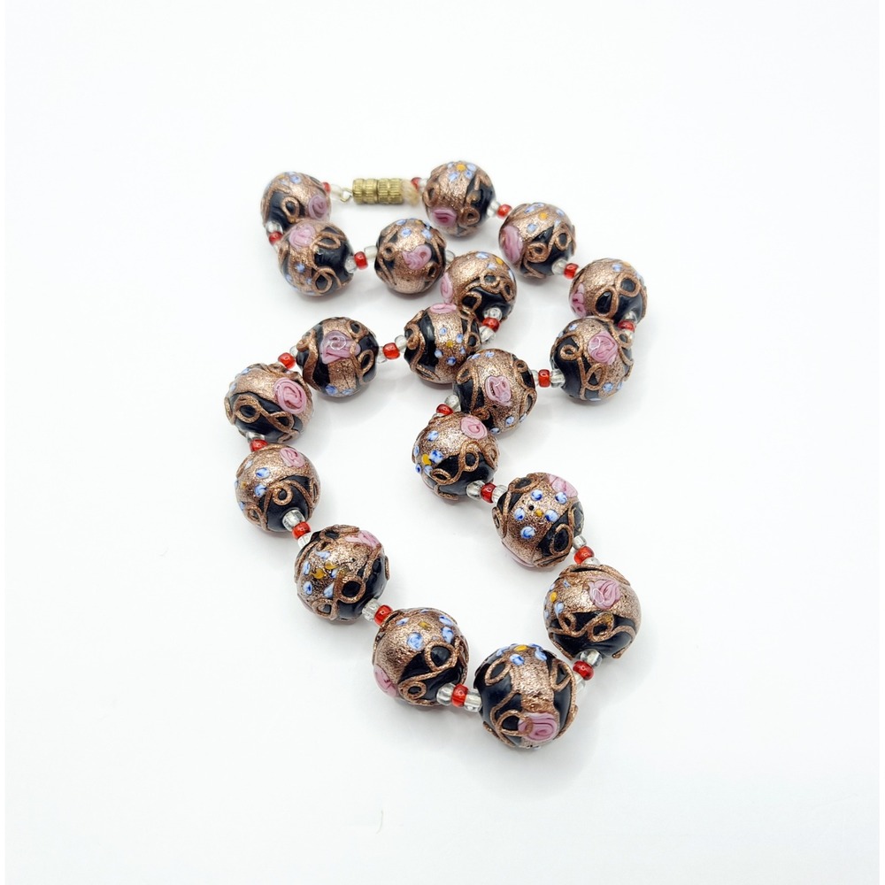 Vintage Wedding Cake Bead Necklace Millefiori Glass Goldtone Black Pink 15" READ - Picture 7 of 14